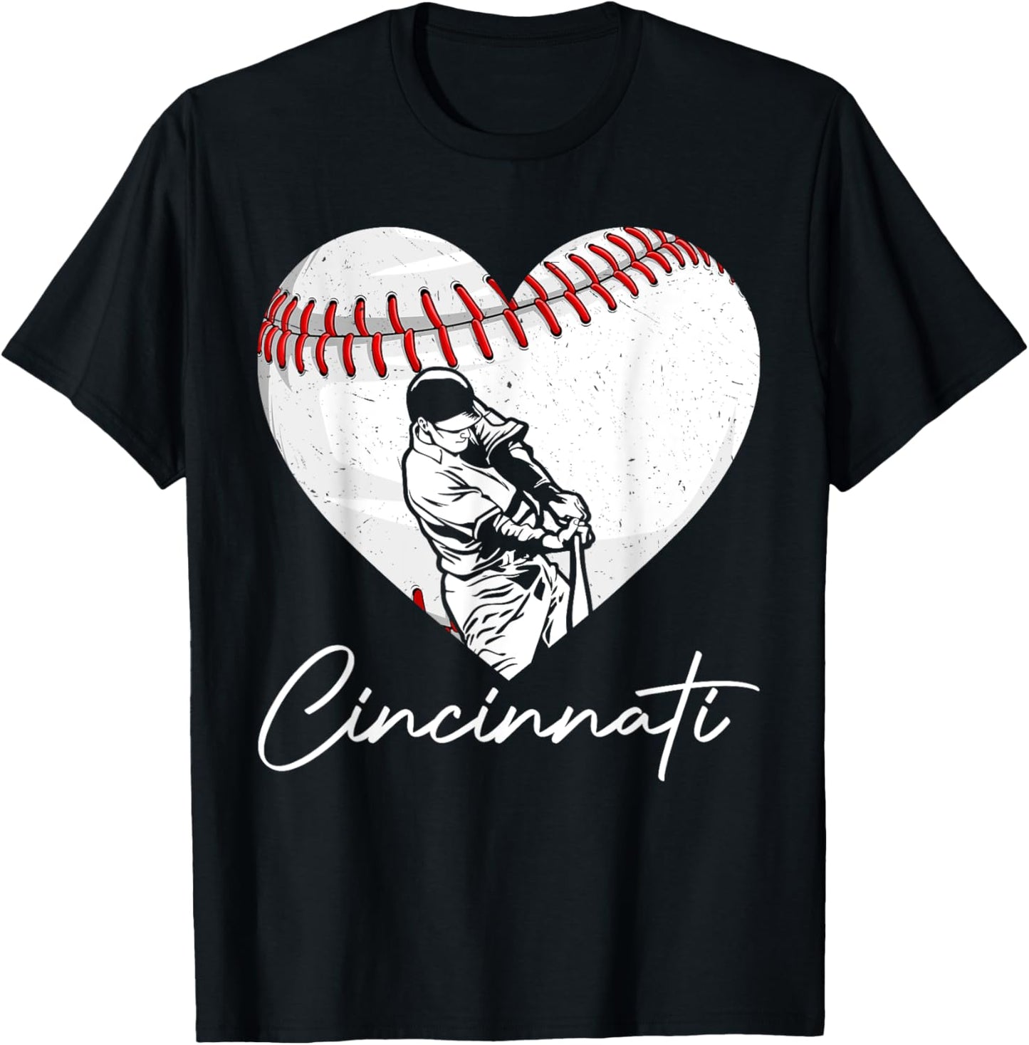Cincinnati Retro Heart Baseball Lover Met At Game Day T-Shirt - T-Shirt | Black