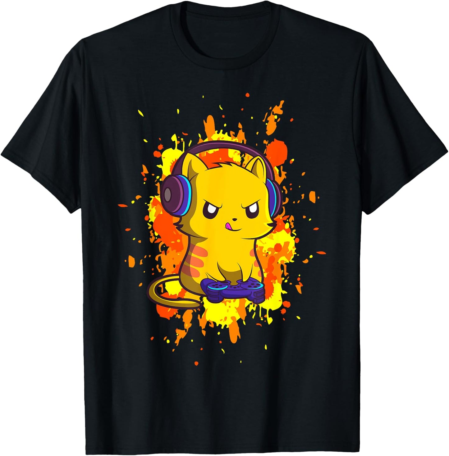 Gaming Cat - Cyber Gamer PC Nerdy Kitty Kitten Headphones T-Shirt - T-Shirt | Black