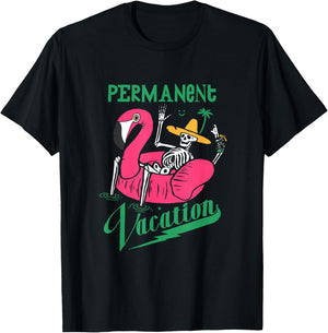 Skeleton on Pool Flamingo. Permanent Vacation T-Shirt - T-Shirt | Black