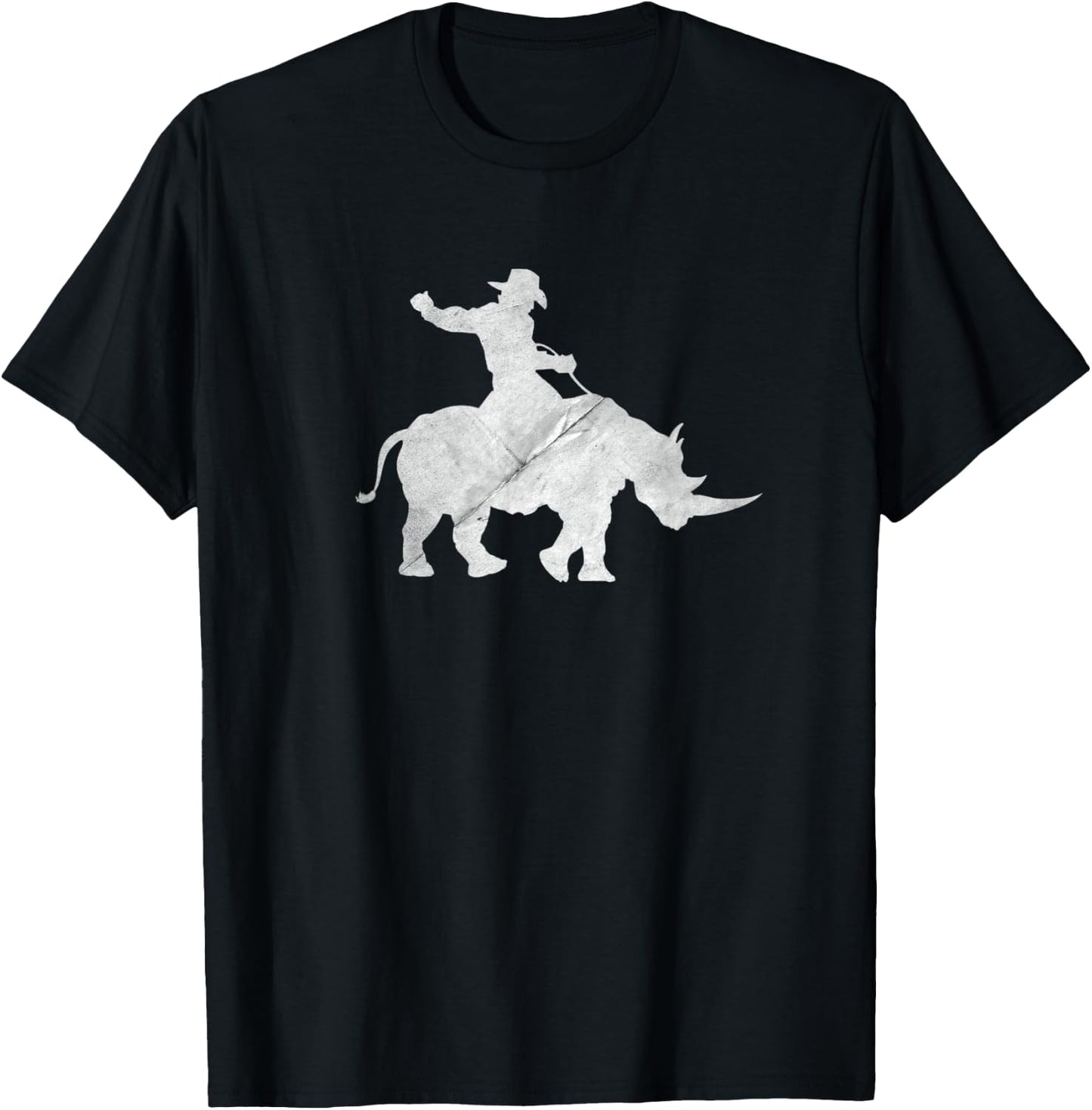 Cowboy Riding a Rhinoceros Rino Distressed T-Shirt - T-Shirt | Black