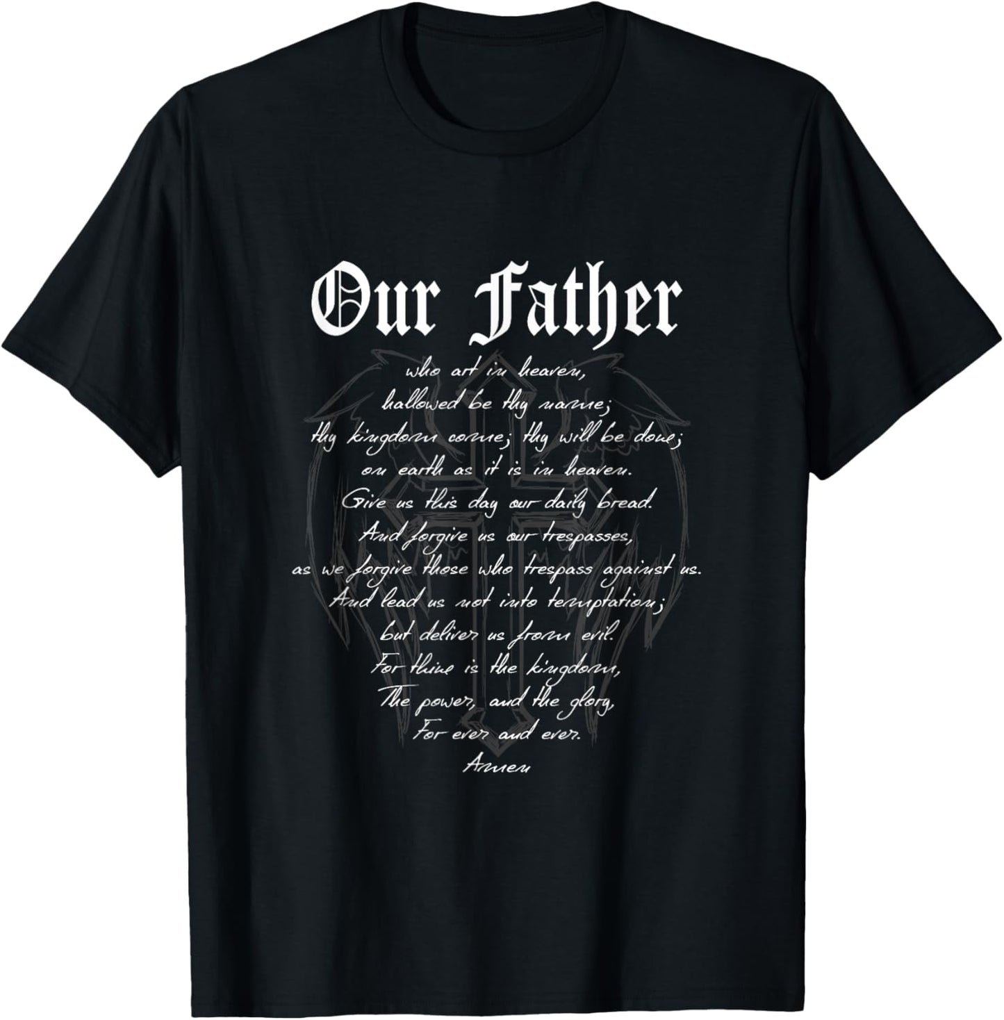 PTL Designs The Lord's Prayer - Written Over a Cross with Angel Wings -Adults - Black - Small T-Shirt - T-Shirt | Black