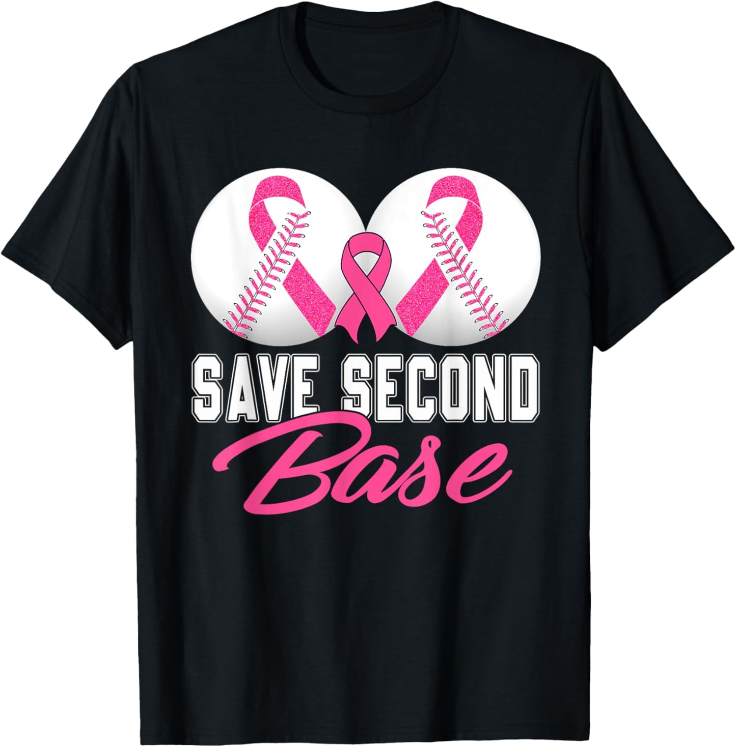 Save Second 2nd Base Breast Cancer Awareness Month Baseball T-Shirt - T-Shirt | Black
