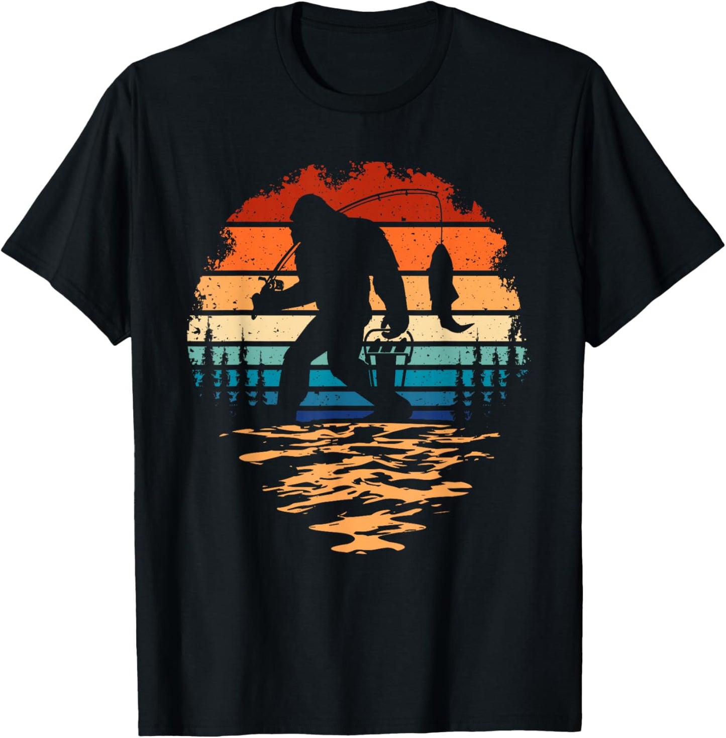 Bigfoot Fishing Funny Retro Sasquatch Dad Men Kids T-Shirt - T-Shirt | Black