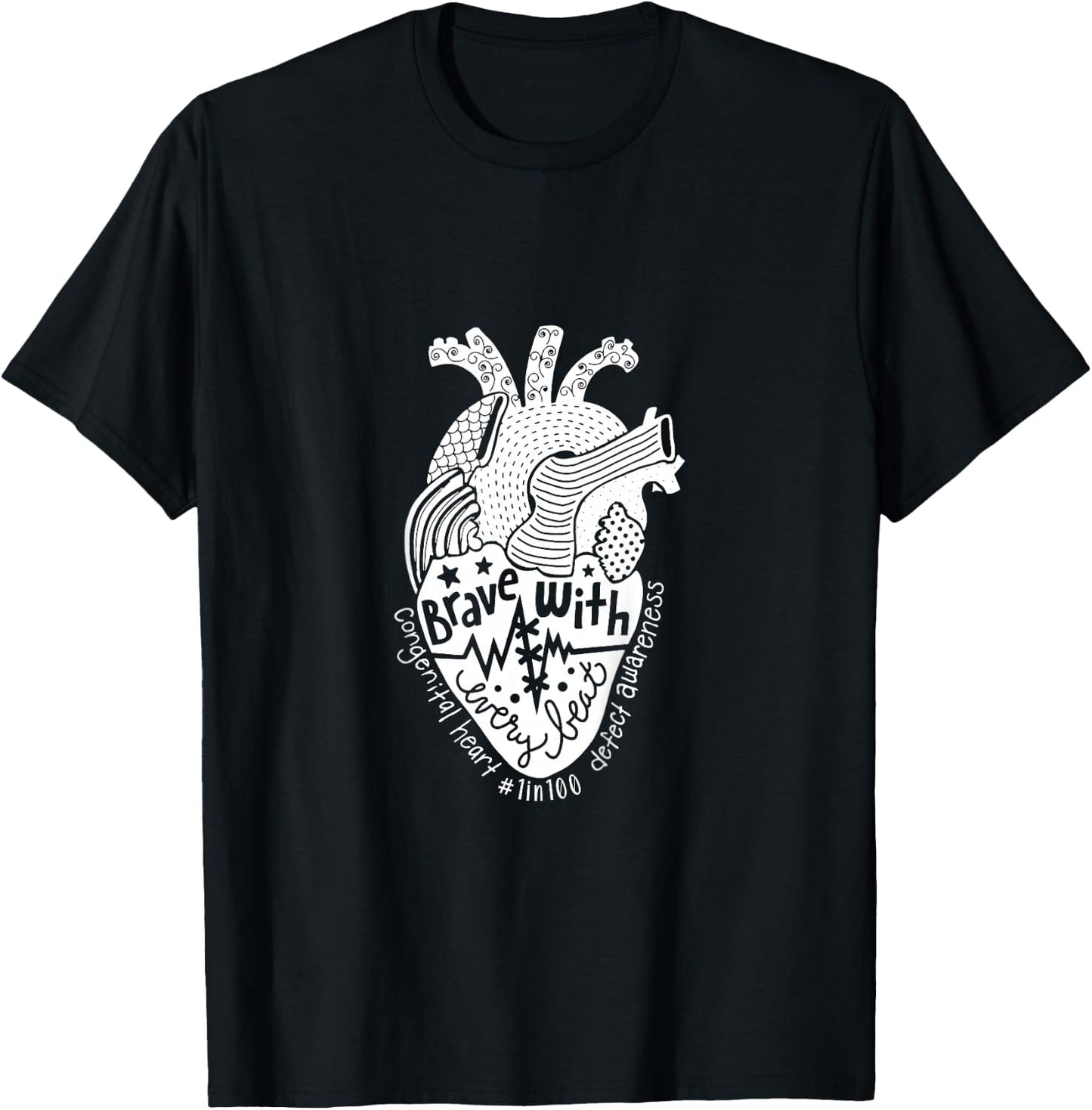 Kids Brave With Every Beat Congenital Heart Warrior 1 In 100 CHD T-Shirt - T-Shirt | Black