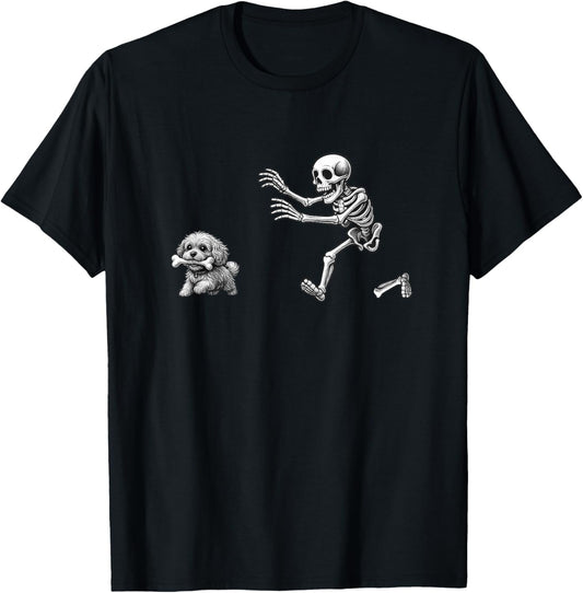 Funny Skeleton Chasing Cavapoo Dog Halloween Dogs Lover T-Shirt - T-Shirt | Black