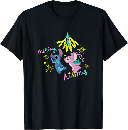 Disney Lilo & Stitch Christmas Stitch & Angel Merry Kissmas T-Shirt - T-Shirt | Black