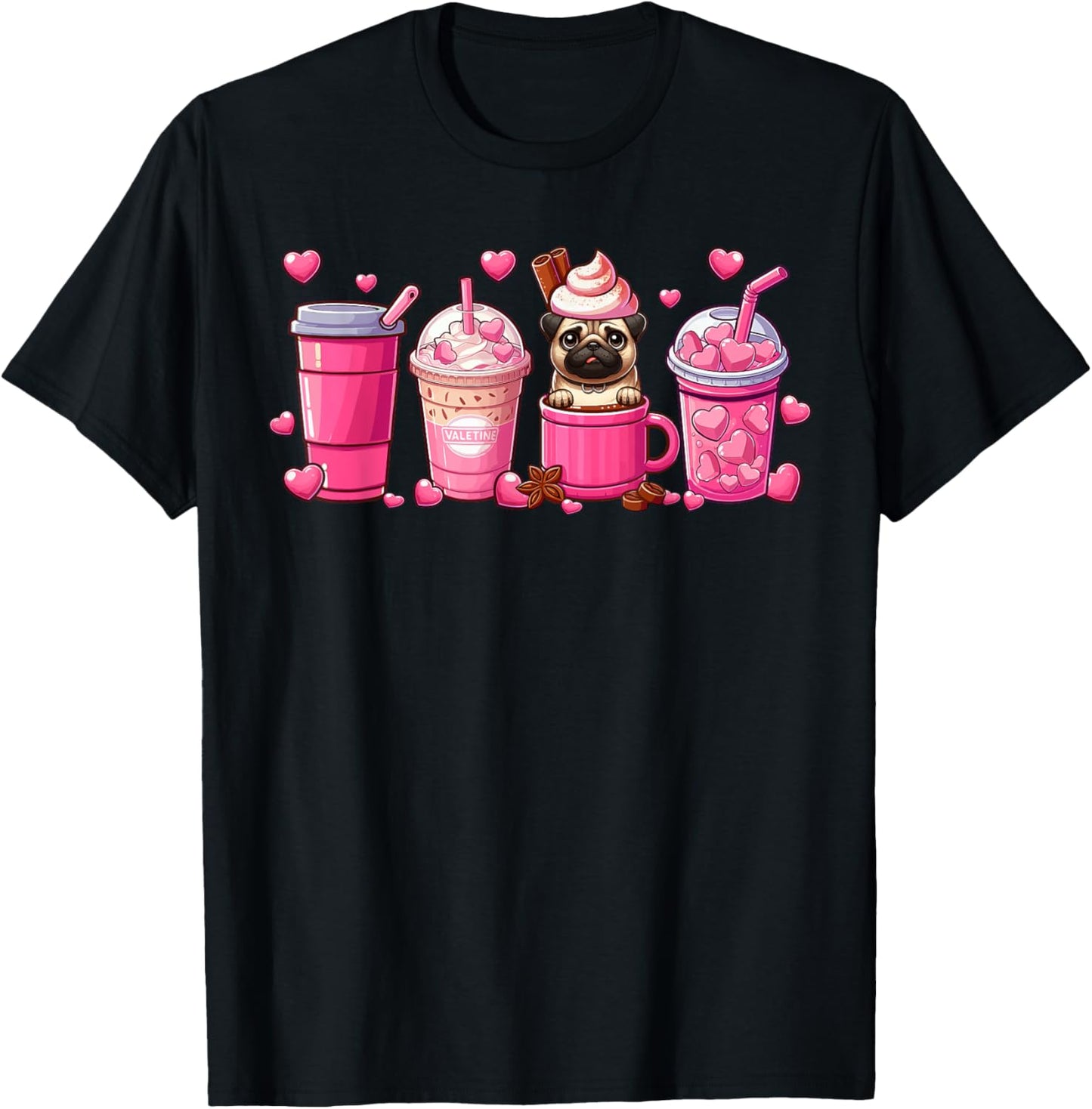 Pug Inside Cup Coffees Lover Valentine's Day Hearts T-Shirt - T-Shirt | Black