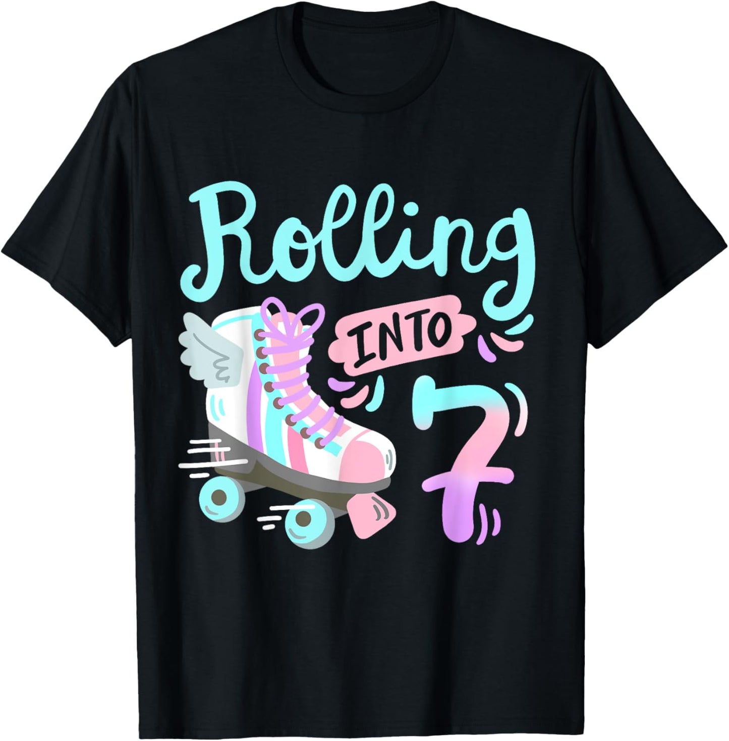 Rolling Into 7 Roller Skates Skater Girl 7th Birthday Party T-Shirt - T-Shirt | Black