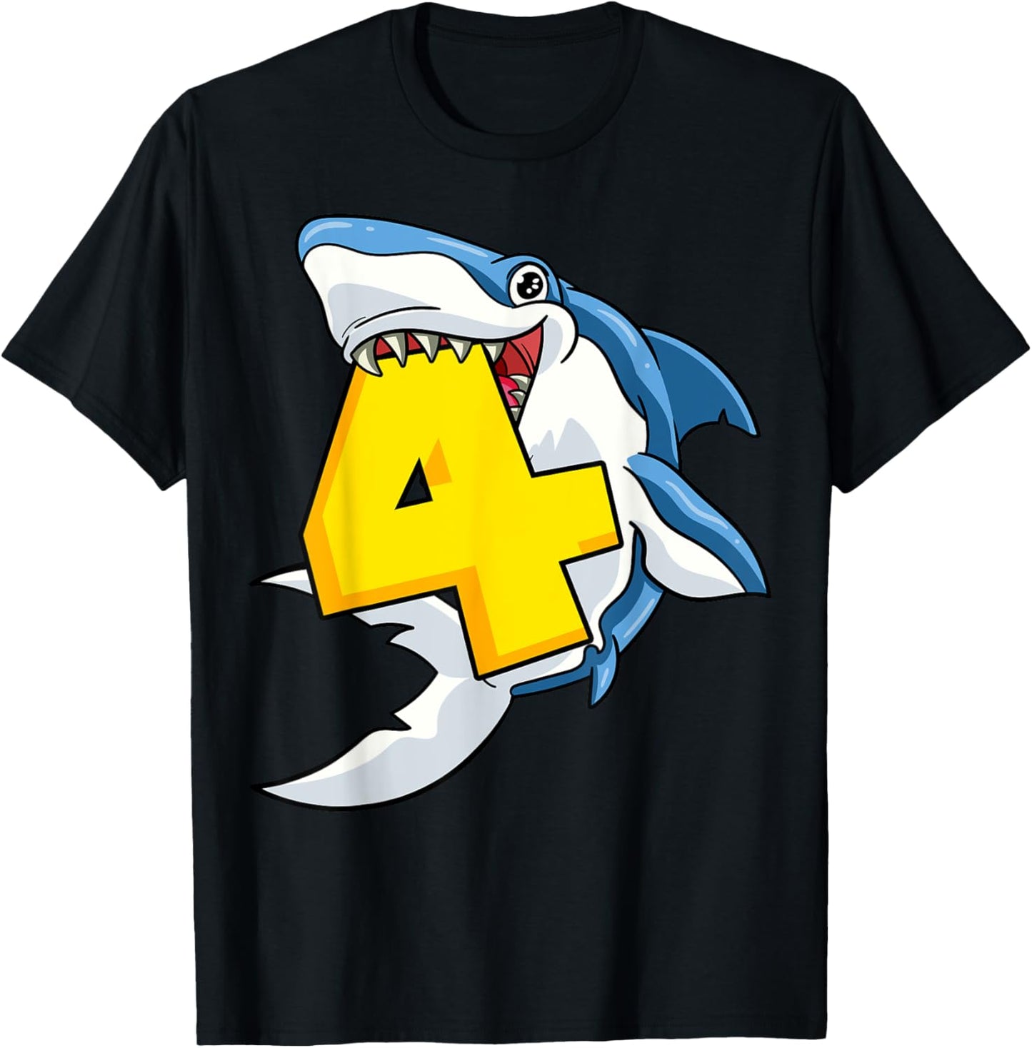 4 Shark Birthday Animal Themed Bday Party Celebration 4th T-Shirt - T-Shirt | Black