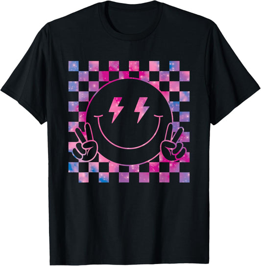 Checkered Lightning Bolt Eyes Happy Smiling Smile Face Peace T-Shirt - T-Shirt | Black