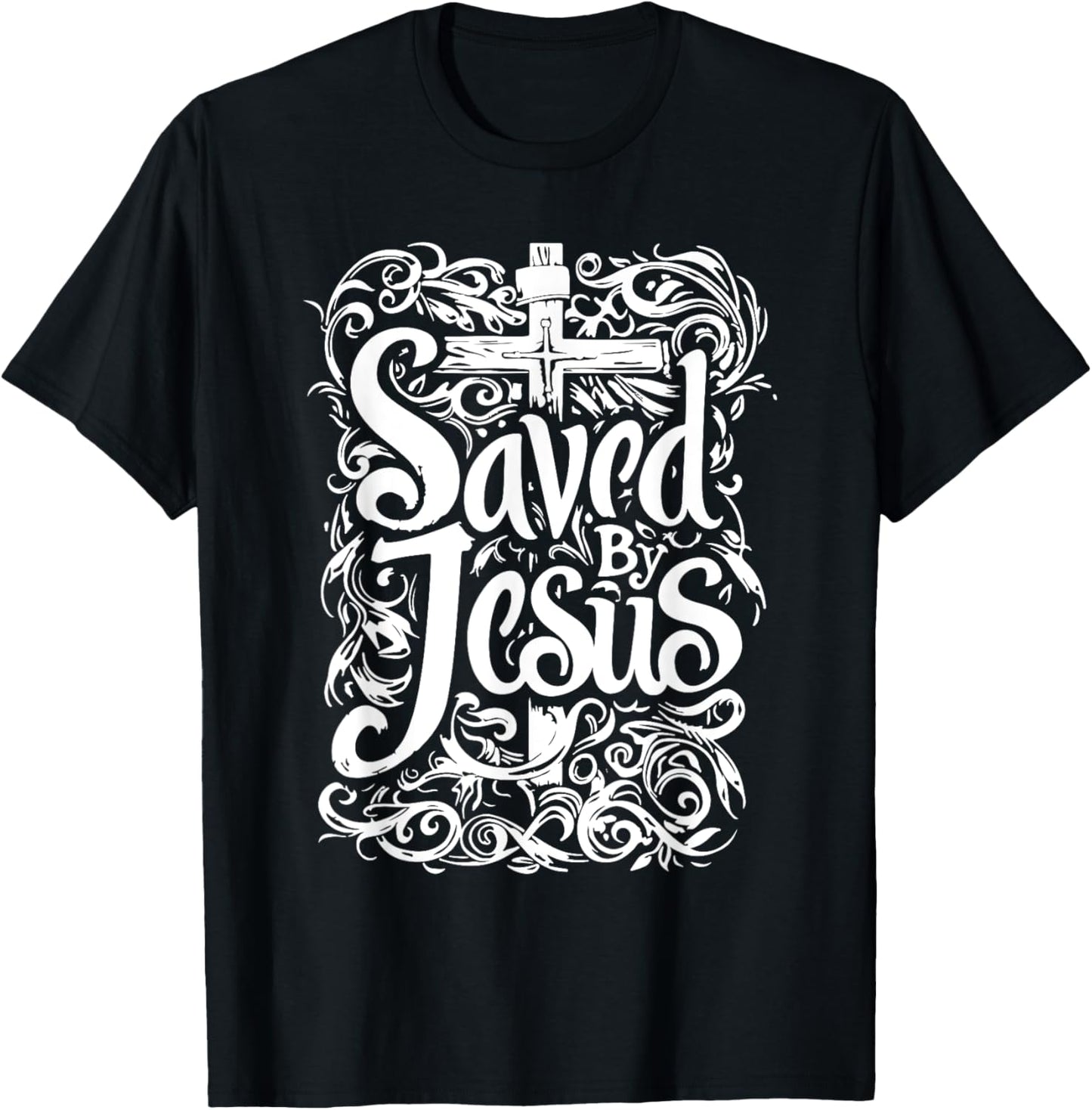 Bible Verse | Saved By Jesus Christ | Tattoo Style T-Shirt - T-Shirt | Black
