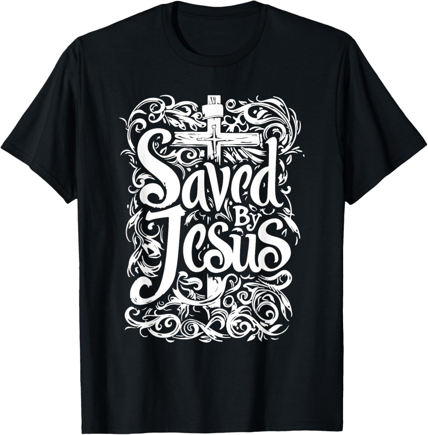 Bible Verse | Saved By Jesus Christ | Tattoo Style T-Shirt - T-Shirt | Black