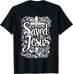Bible Verse | Saved By Jesus Christ | Tattoo Style T-Shirt - T-Shirt | Black