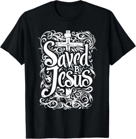 Bible Verse | Saved By Jesus Christ | Tattoo Style T-Shirt - T-Shirt | Black