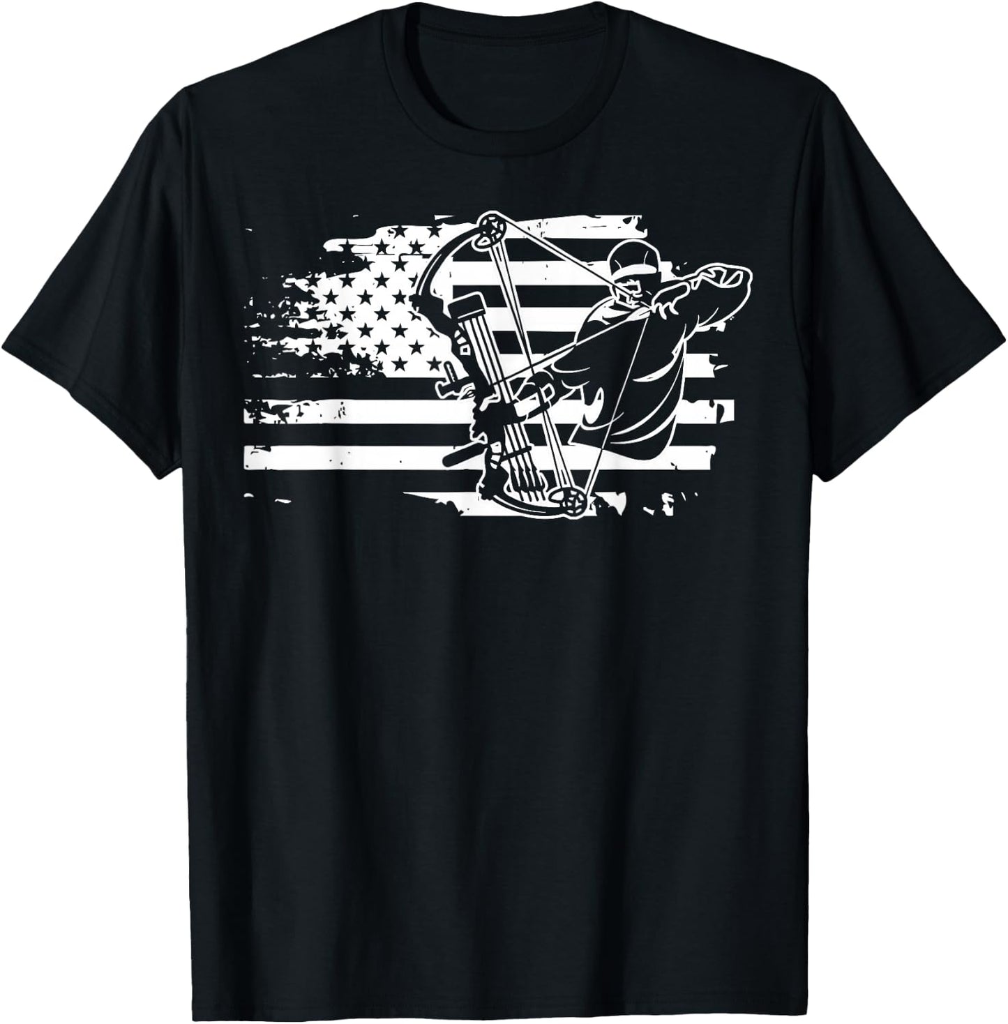 Compound Bow Hunting Equipment Retro American Flag He T-Shirt - T-Shirt | Black