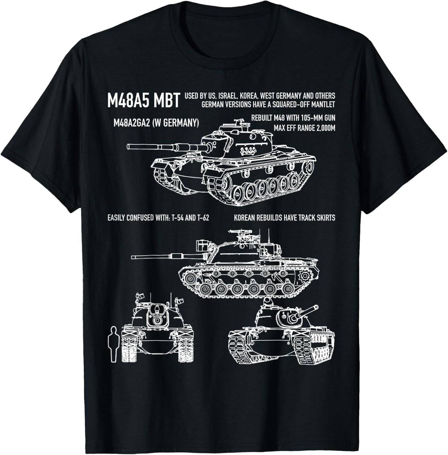 M48 A5 Patton Tank American Blueprint Diagram T-Shirt - T-Shirt | Black