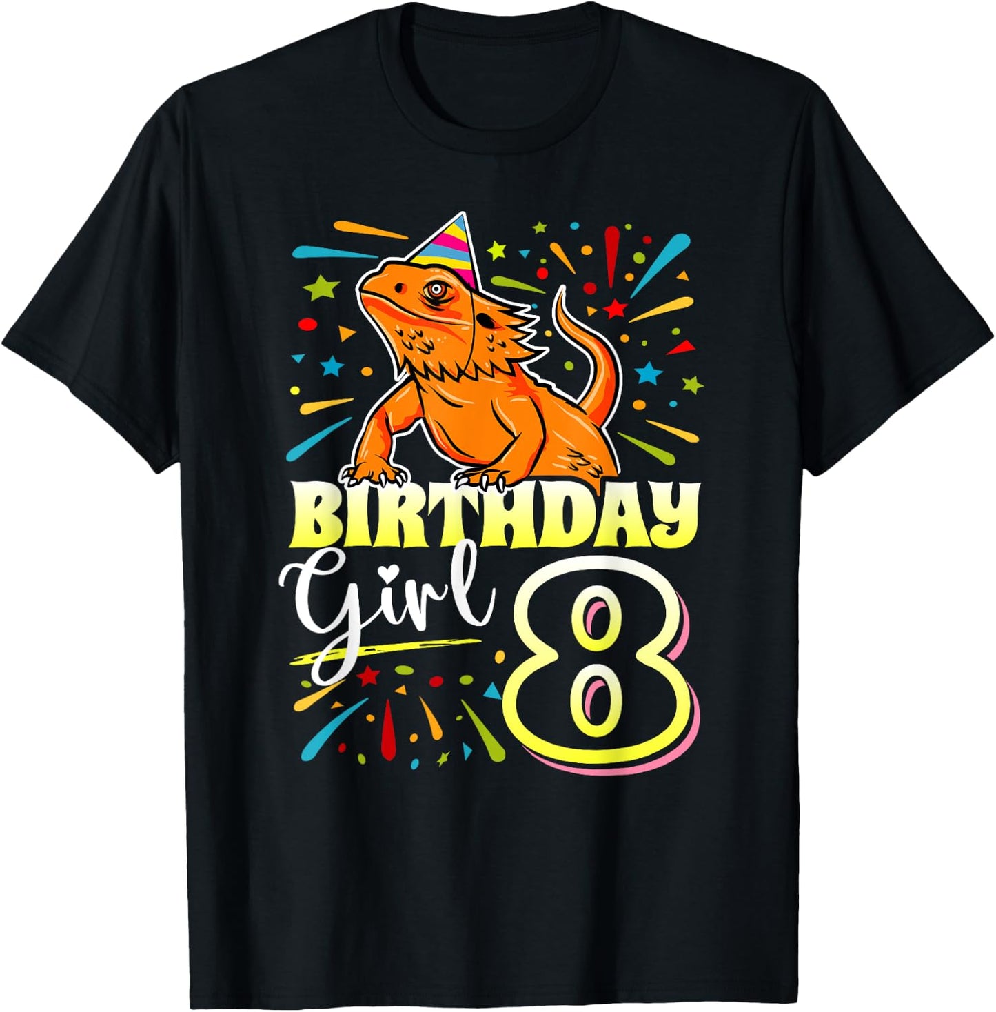 Bearded Dragon Lizard Kids 8th Birthday - 8 Year Old Girl T-Shirt - T-Shirt | Black
