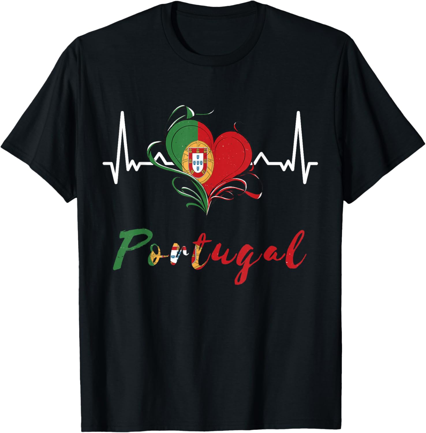 Portugal Flagge Herzschlag EKG Pulse Portugiesische Wurzeln Herz T-Shirt - T-Shirt | Black