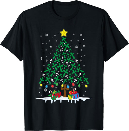 Faith Cross Christian Holiday Family Matching Christmas Tree T-Shirt - T-Shirt | Black