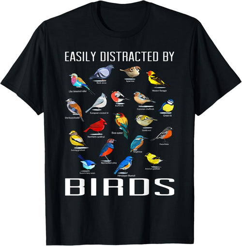 Funny Bird Gifts For Birding Lovers Easily Distracted By Birds / Birdwatching Lover Birdwatcher Black Short Sleeve