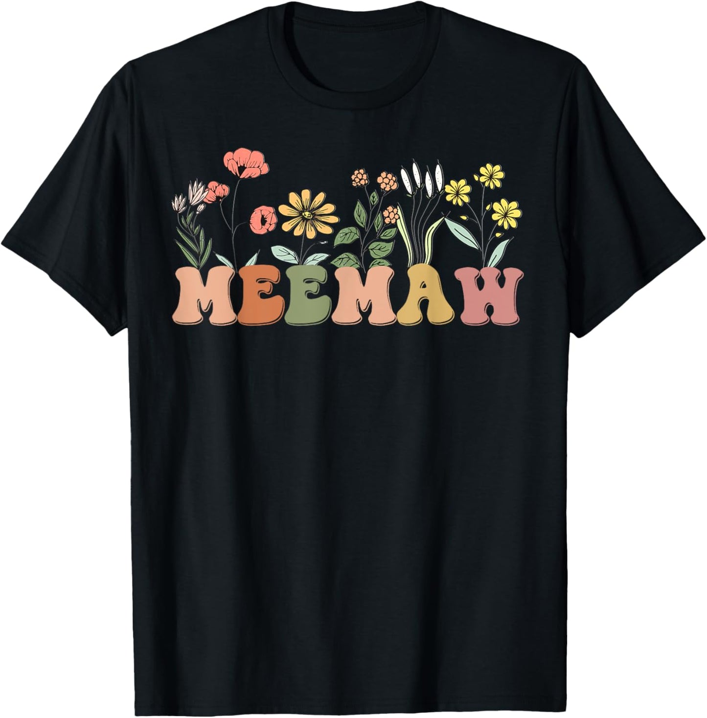 Meemaw For Grandma Retro Wildflowers Mother's Day Meemaw T-Shirt - T-Shirt | Black