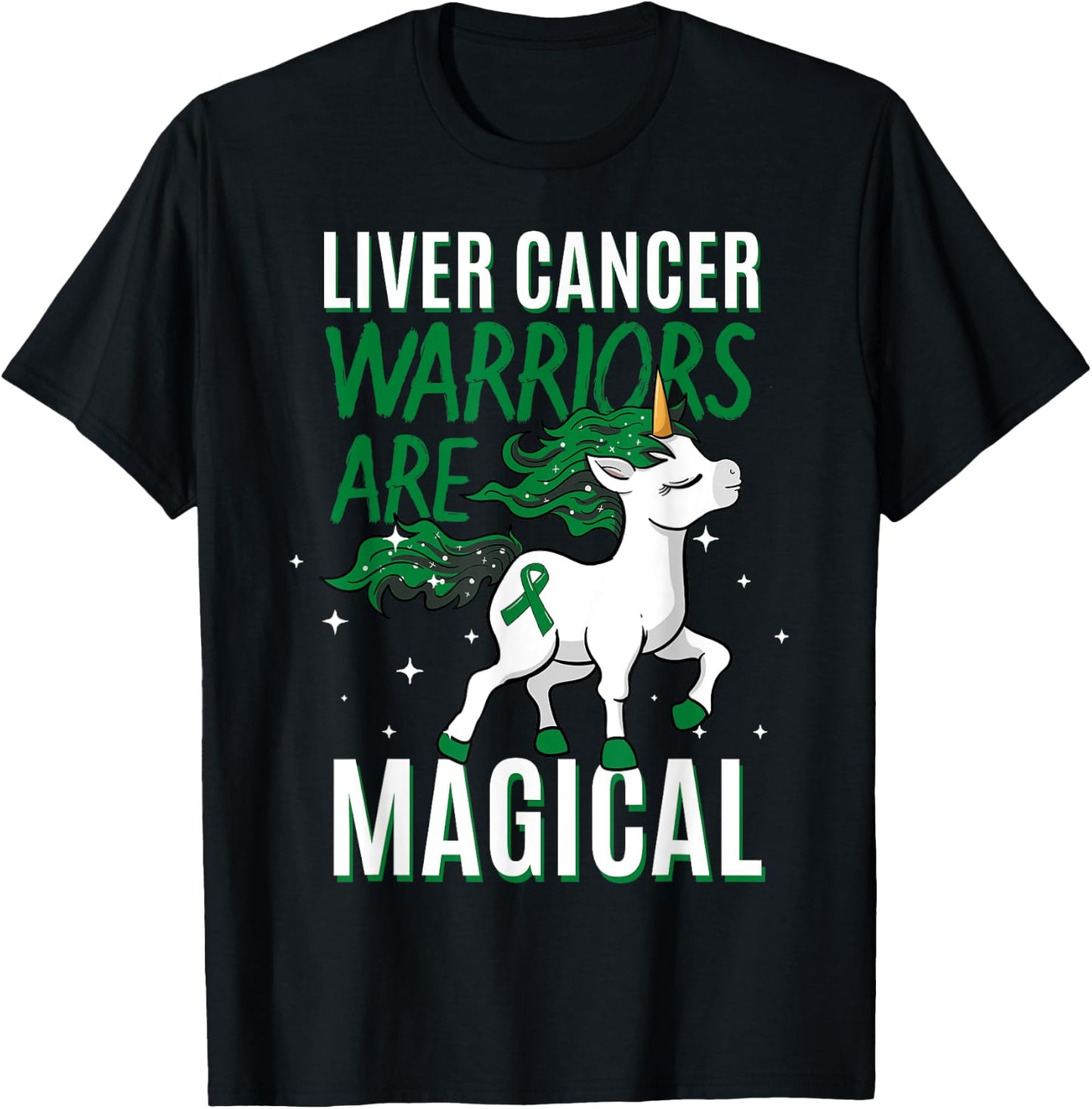 Liver Cancer Warrior Magical Unicorn Green Ribbon Jaundice T-Shirt - T-Shirt | Black