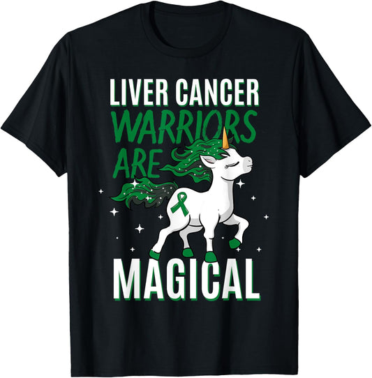 Liver Cancer Warrior Magical Unicorn Green Ribbon Jaundice T-Shirt - T-Shirt | Black