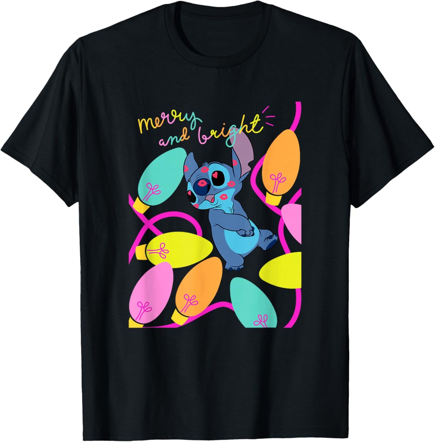 Disney Lilo & Stitch Christmas Merry And Bright Stitch Light T-Shirt - T-Shirt | Black