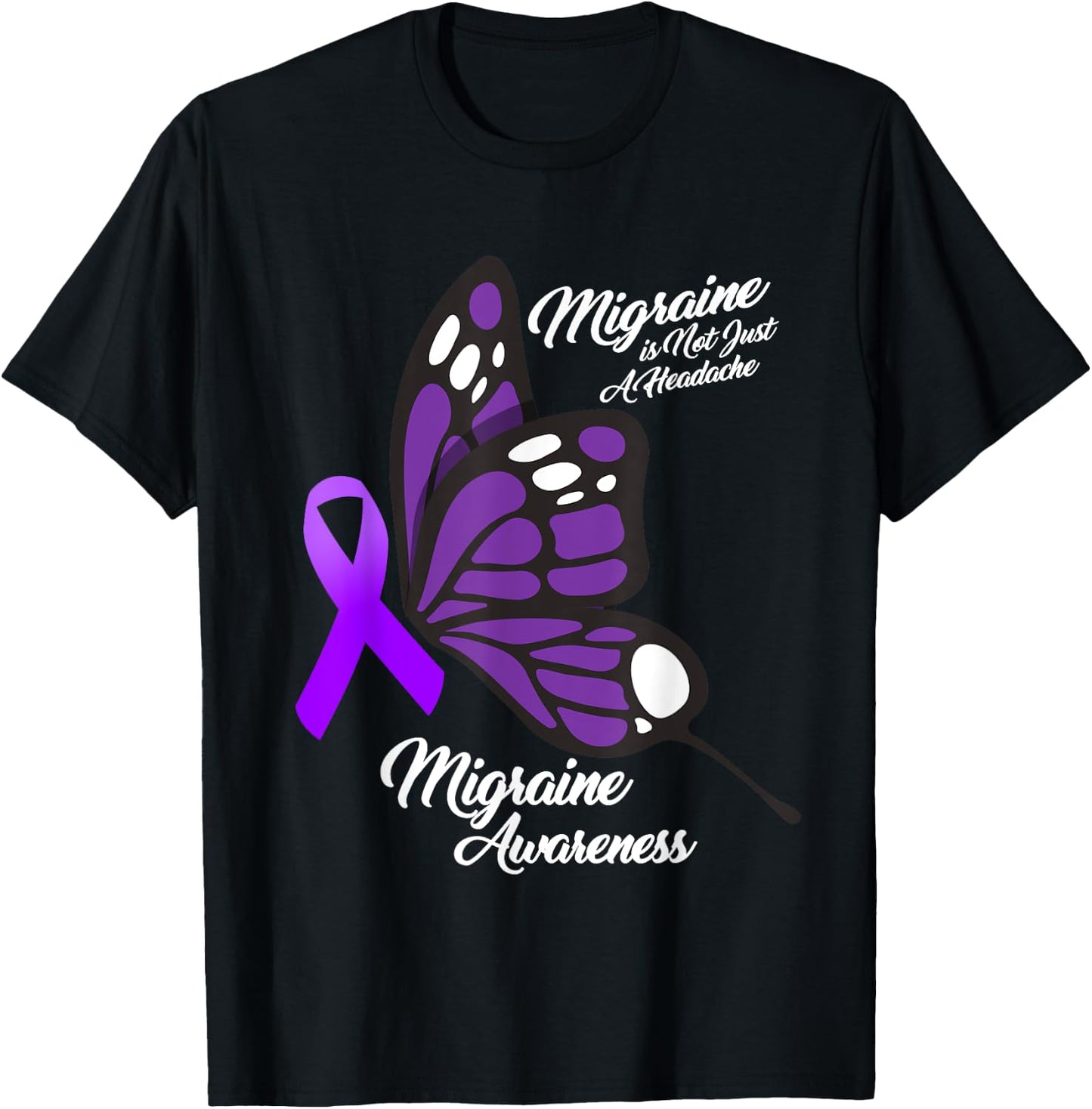 Migraine Awareness Not Just Headache Purple Ribbon Butterfly T-Shirt - T-Shirt | Black