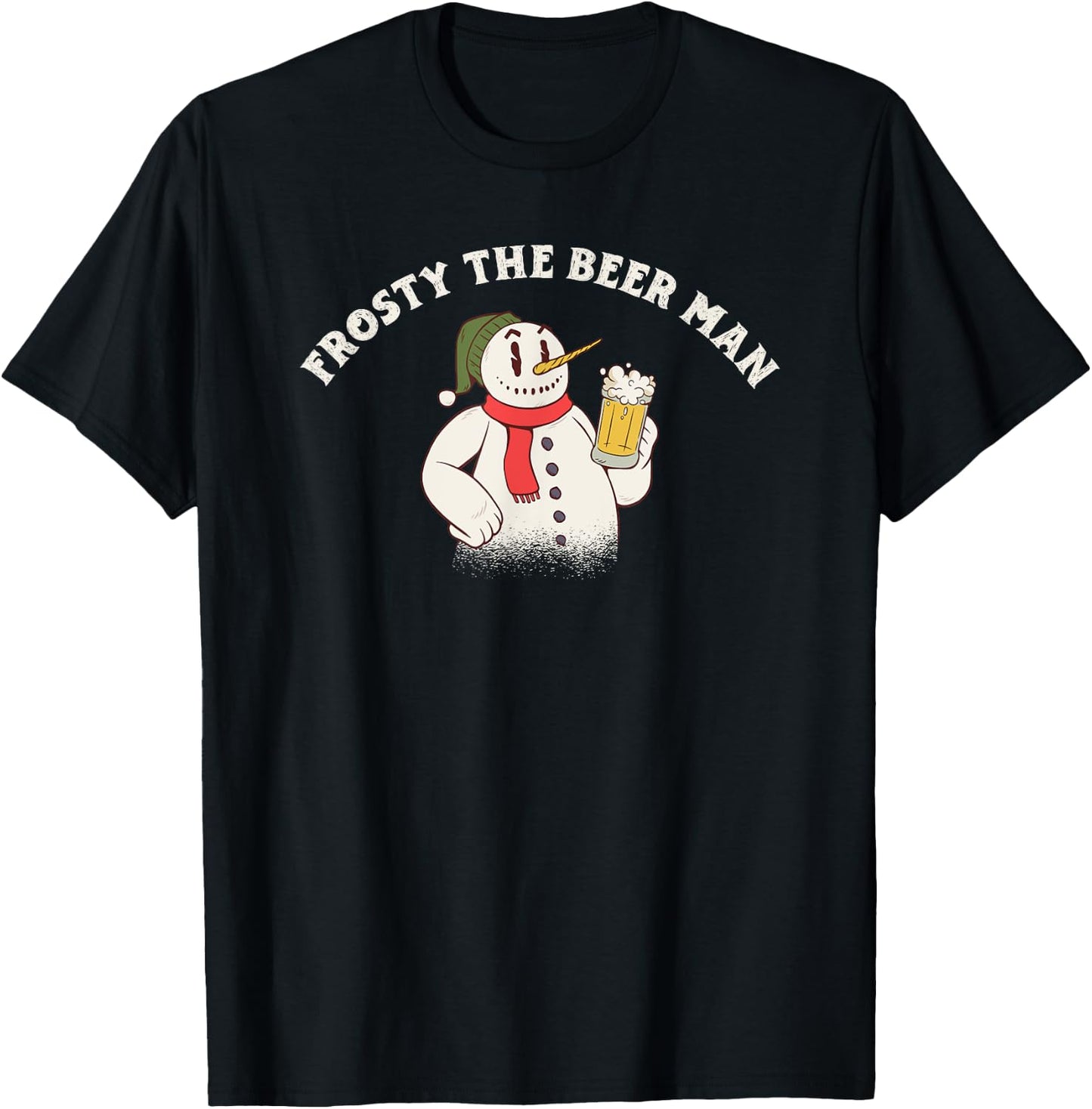 Frosty the Beer Man Snowman Drinking a Beer Pun T-Shirt - T-Shirt | Black