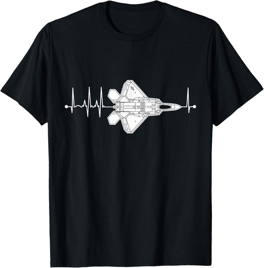 F-22 Raptor Schematic Airplane Pulse EKG Pilot F22 Heartbeat T-Shirt - T-Shirt | Black