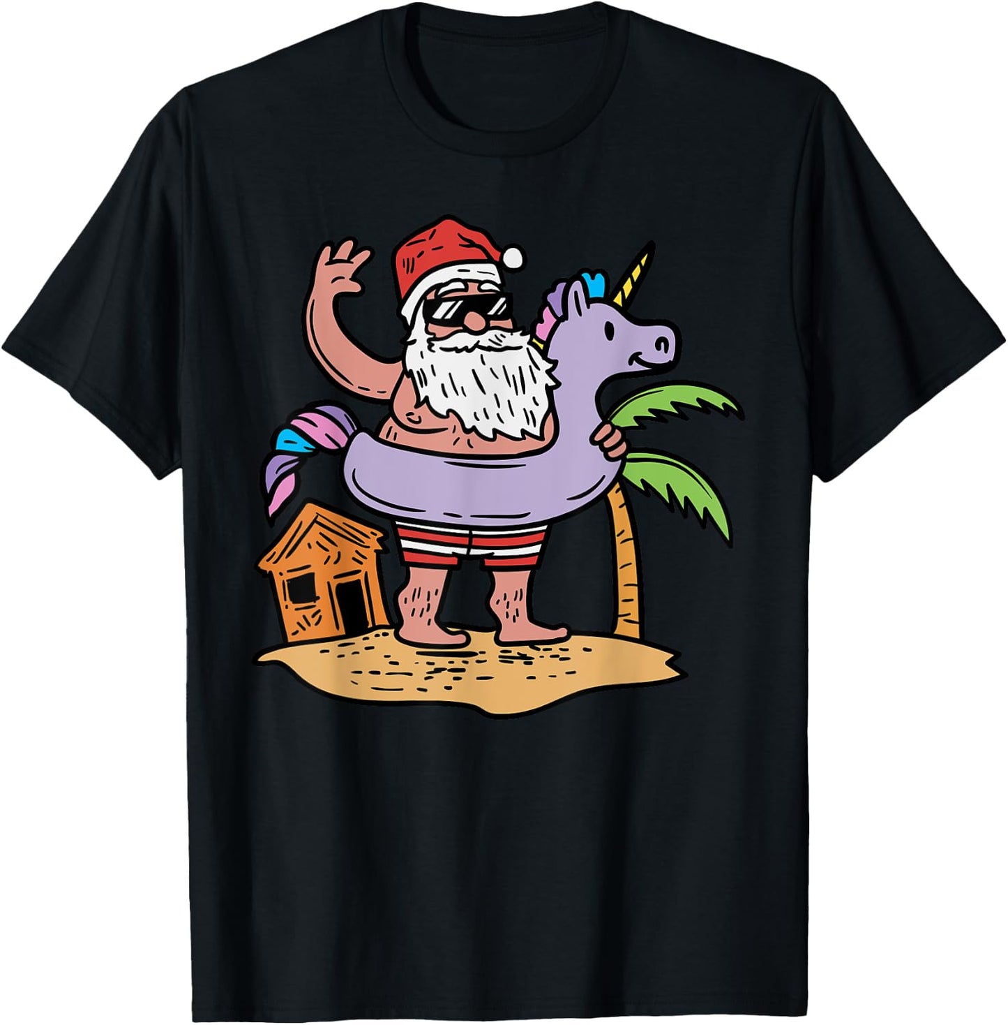Summer Santa Unicorn Floater Funny Christmas July Beach Gift Women Kids T-Shirt - T-Shirt | Black
