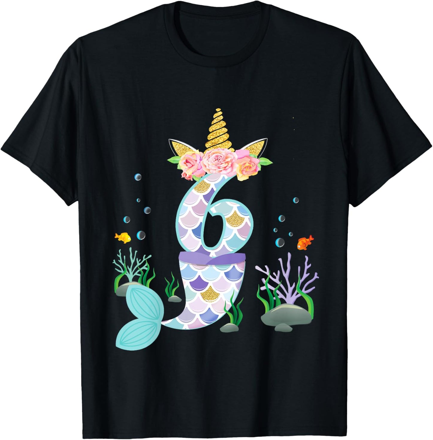 6 Year Old Unicorn Mermaid Birthday Tail Girl Theme 6th Gift T-Shirt - T-Shirt | Black