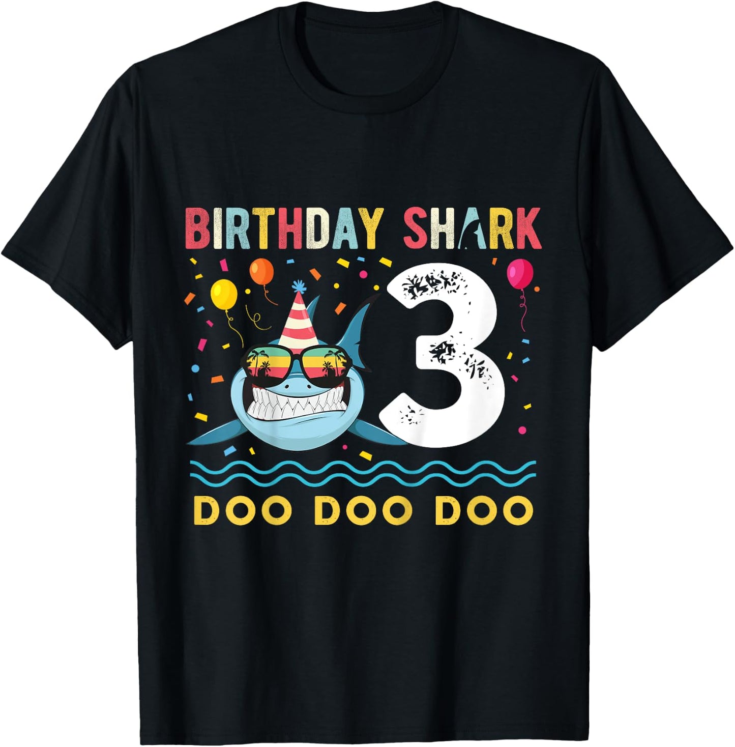 3 Year Old Birthday Boy Girl Shark Boys and Girls T-Shirt - T-Shirt | Black