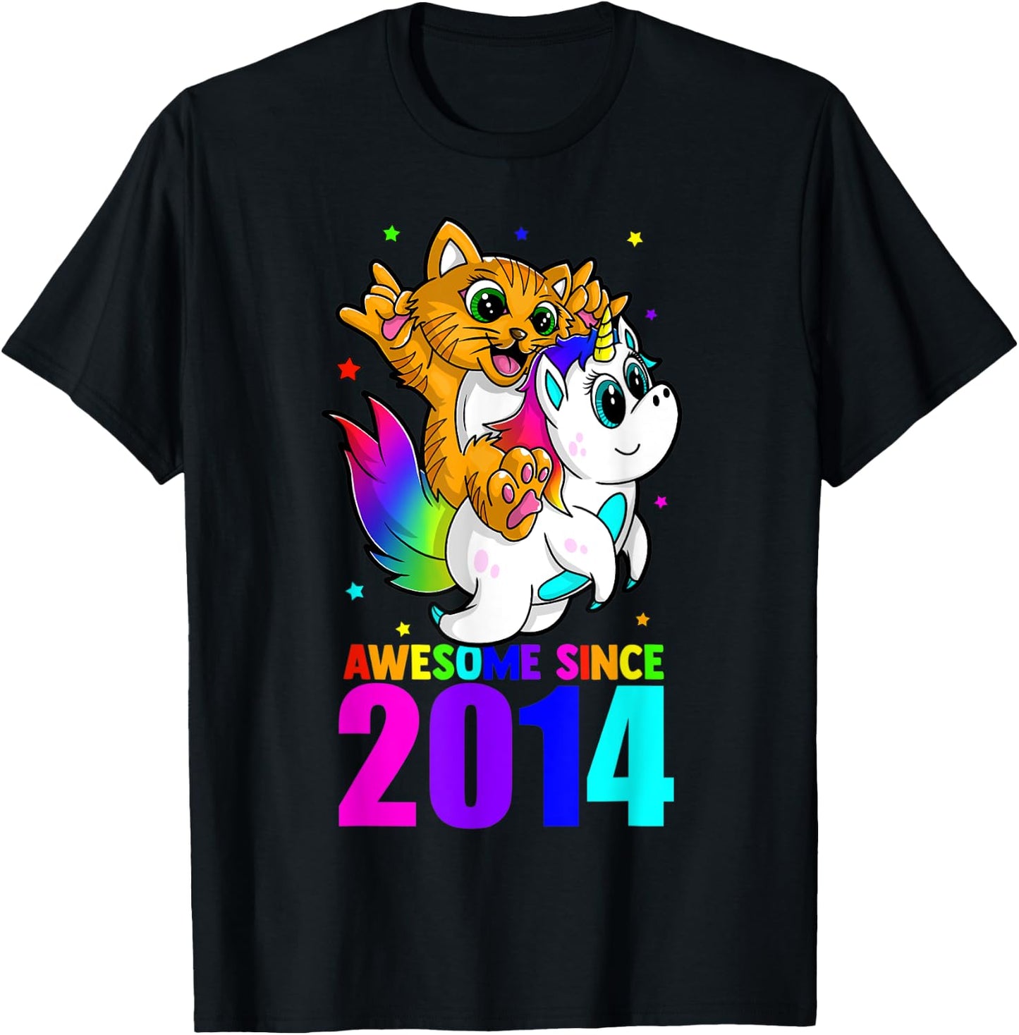 Awesome Since 2014 Unicorn Cat Birthday Girl Boys Cute Kids T-Shirt - T-Shirt | Black