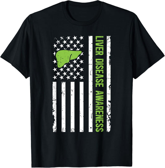 Liver Disease Awareness Month US Flag Liver Disease Warrior T-Shirt - T-Shirt | Black