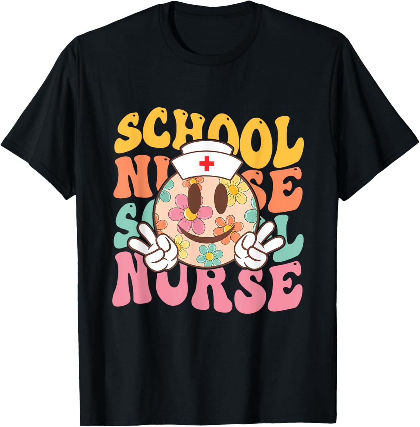 Retro groovy Smile face School Nurse back to school women T-Shirt - T-Shirt | Black