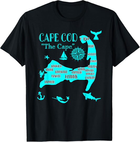 Cape Cod Aqua Blue Nautical Symbols Fish Map T-Shirt - T-Shirt | Black