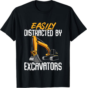 Construction Vehicle Boys Easily Distracted By Excavators T-Shirt - T-Shirt | Black