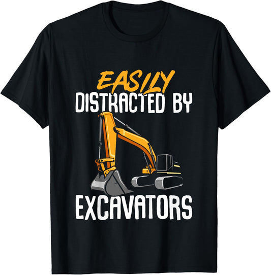 Construction Vehicle Boys Easily Distracted By Excavators T-Shirt - T-Shirt | Black