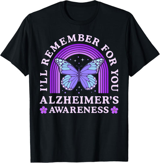 I'll Remember For You Alzheimer's Awareness Purple Butterfly T-Shirt - T-Shirt | Black