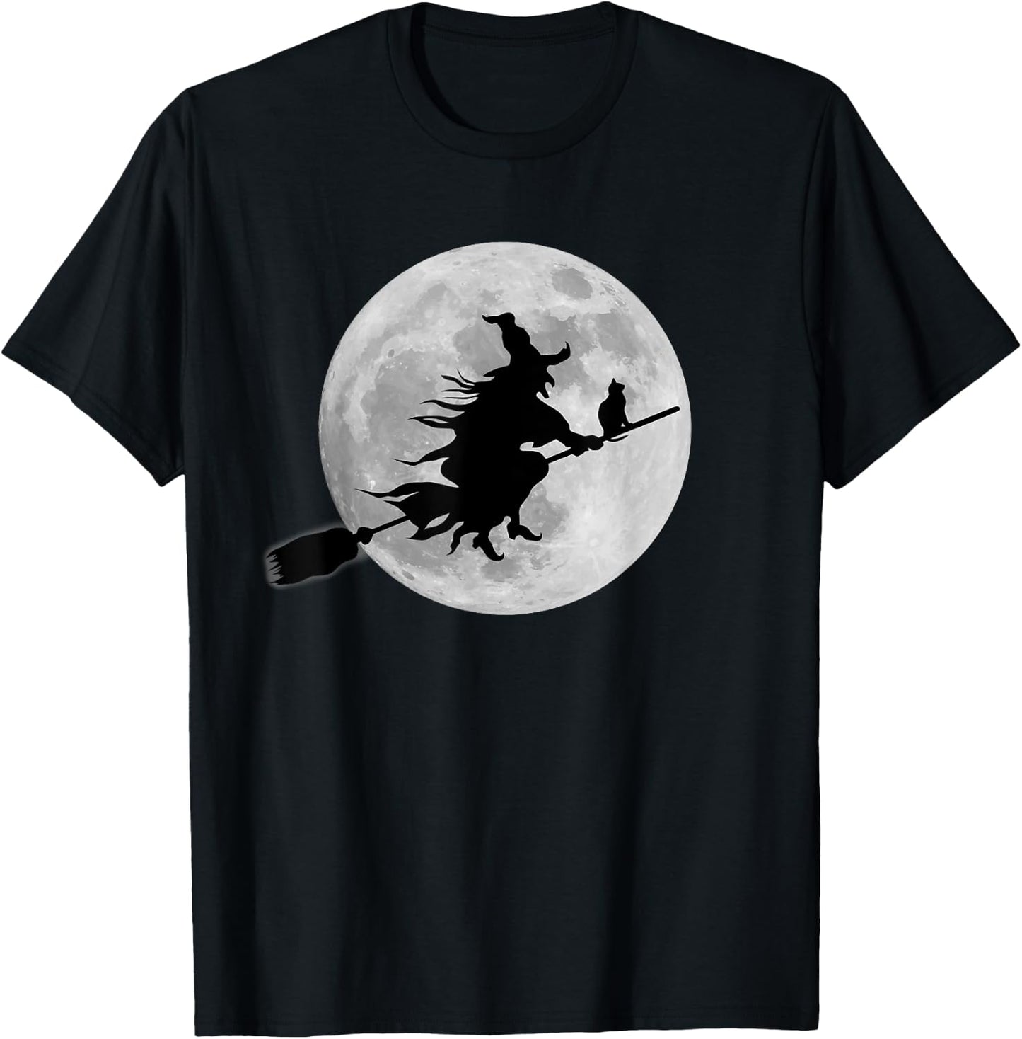 Flying Witch On Broomstick Halloween Full Moon Black Cat Women Kids T-Shirt - T-Shirt | Black