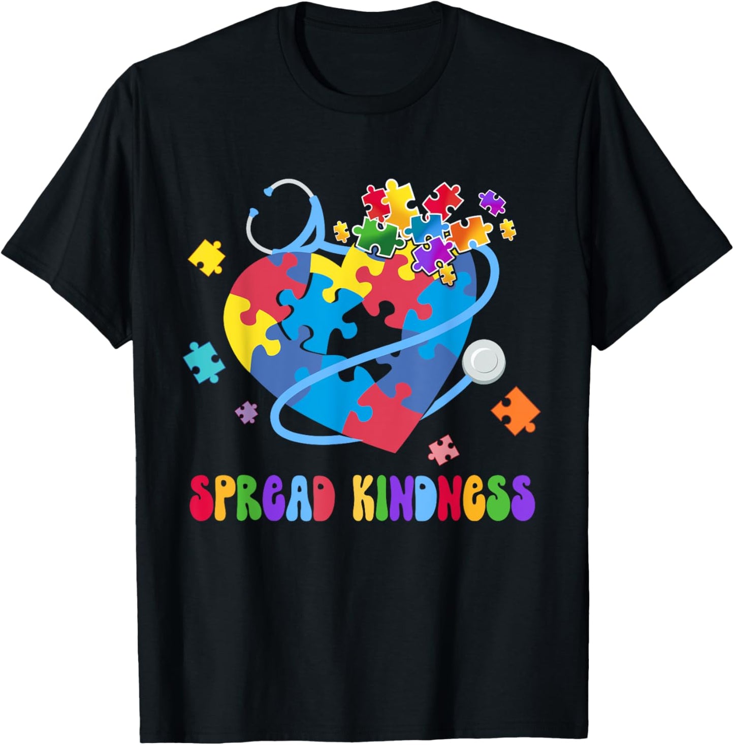 Spread Kindness Autism Awareness Stethoscope Heart Nurse T-Shirt - T-Shirt | Black