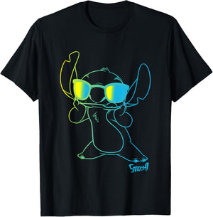 Disney Lilo & Stitch Cool Stitch Neon Outline Chest Portrait T-Shirt - T-Shirt | Black
