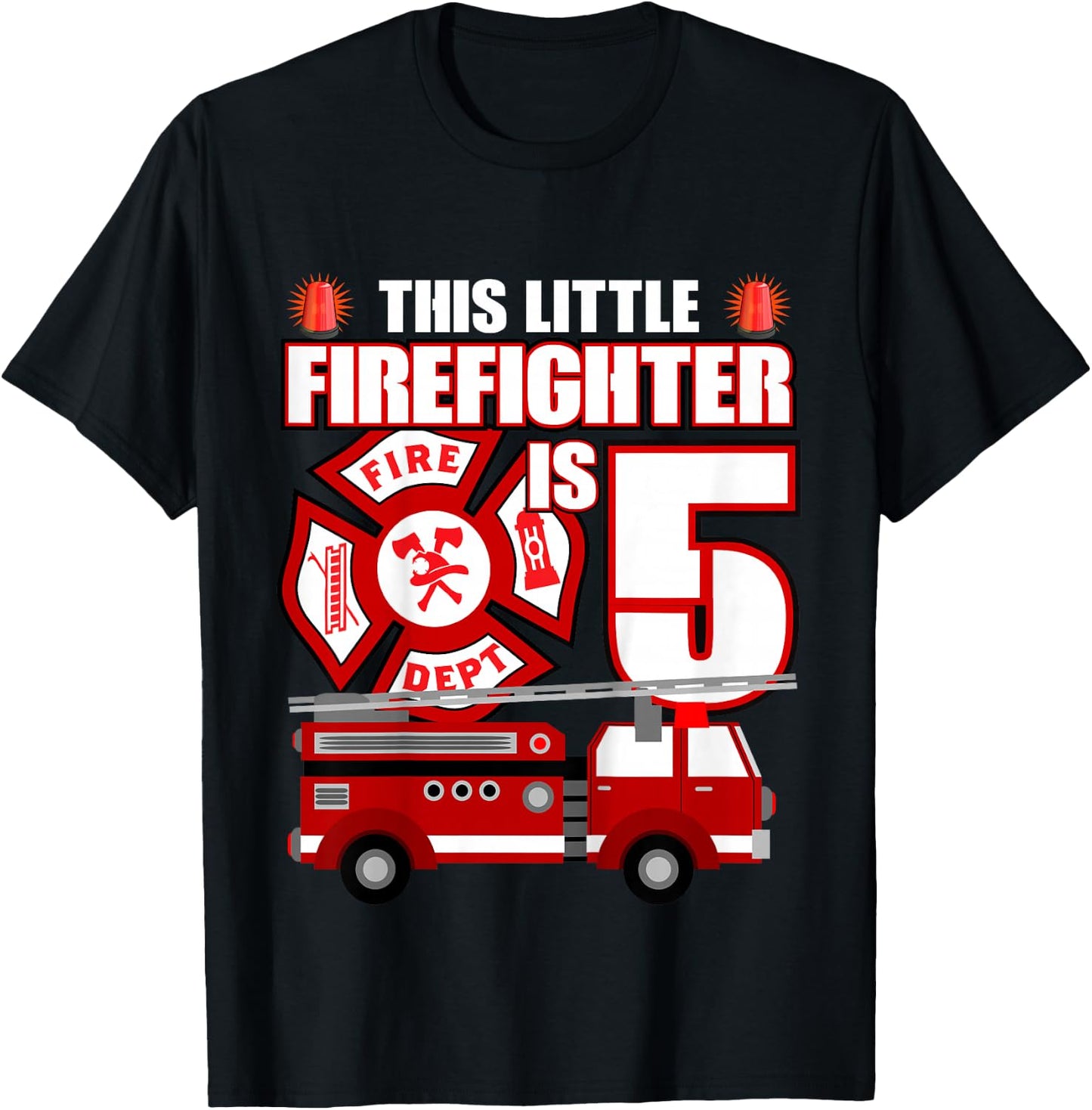 5 Year Old Firefighter Birthday Party Fire Truck 5th Gift T-Shirt - T-Shirt | Black