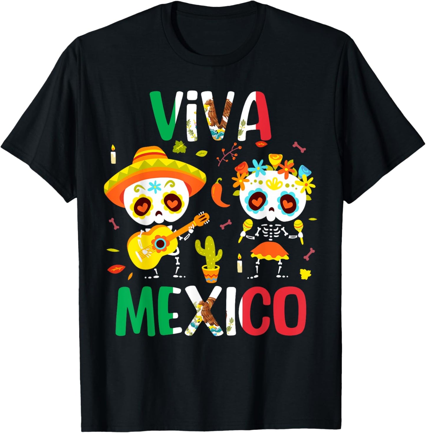 Viva Mexico Shirt Women Boys Girls Kids Mexican Flag Fiesta T-Shirt - T-Shirt | Black
