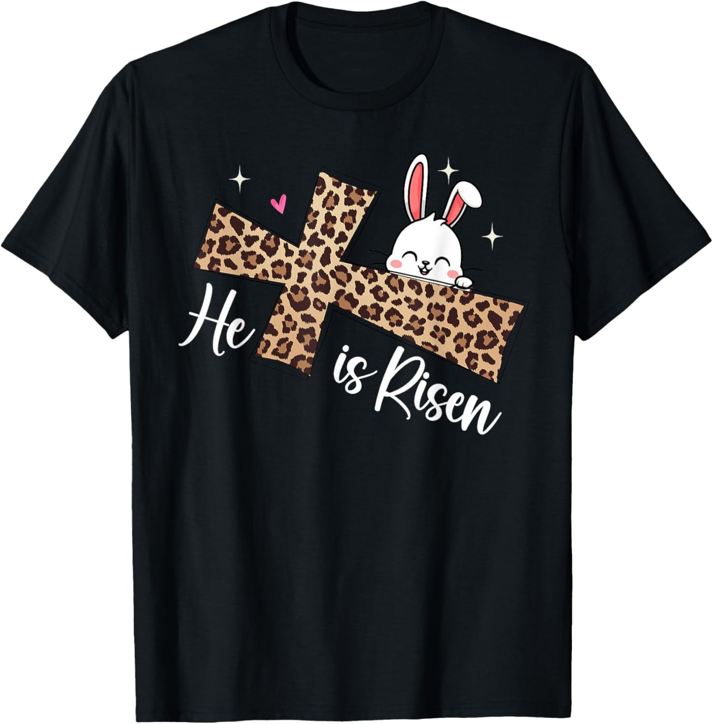 He Is Risen Leopard Cross Bunny Easter Day Christian Faith T-Shirt - T-Shirt | Black