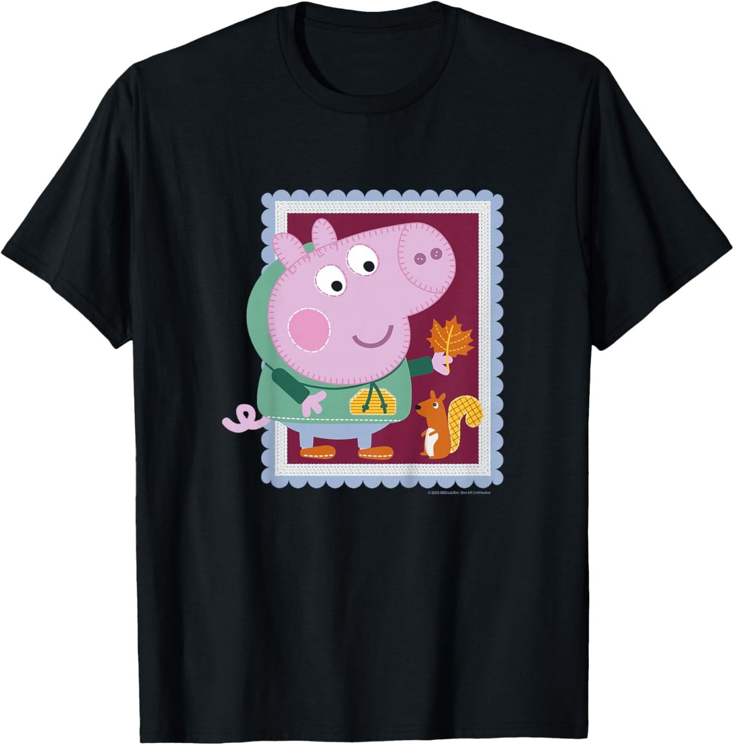 Kids Peppa Pig George & Squirrel Autumn Season Embroidered Stamp T-Shirt - T-Shirt | Black