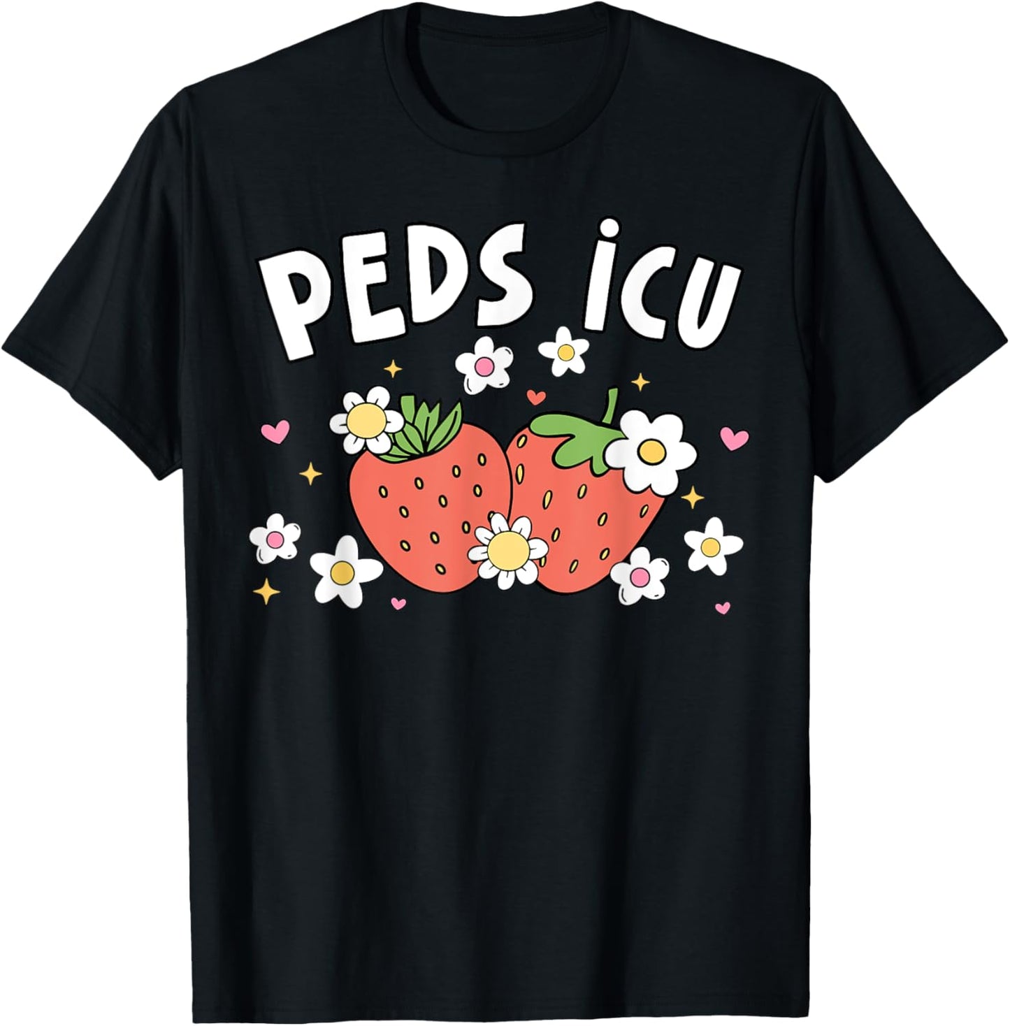 Retro PEDS ICU Strawberry Floral Pediatric Cardiac ICU Nurse T-Shirt - T-Shirt | Black