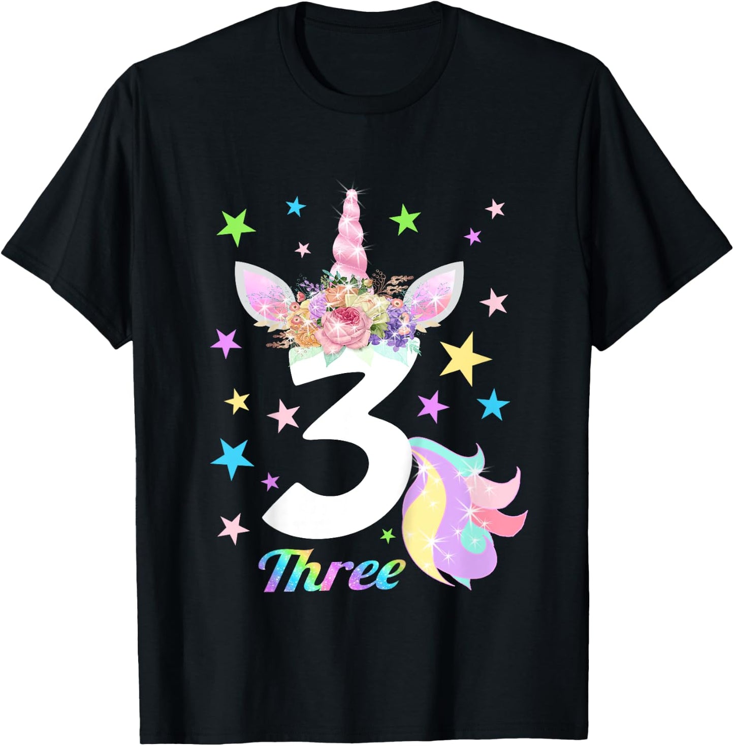 Number 3 (Three) 3 Year Old Unicorn 3rd Birthday Shirt T-Shirt - T-Shirt | Black